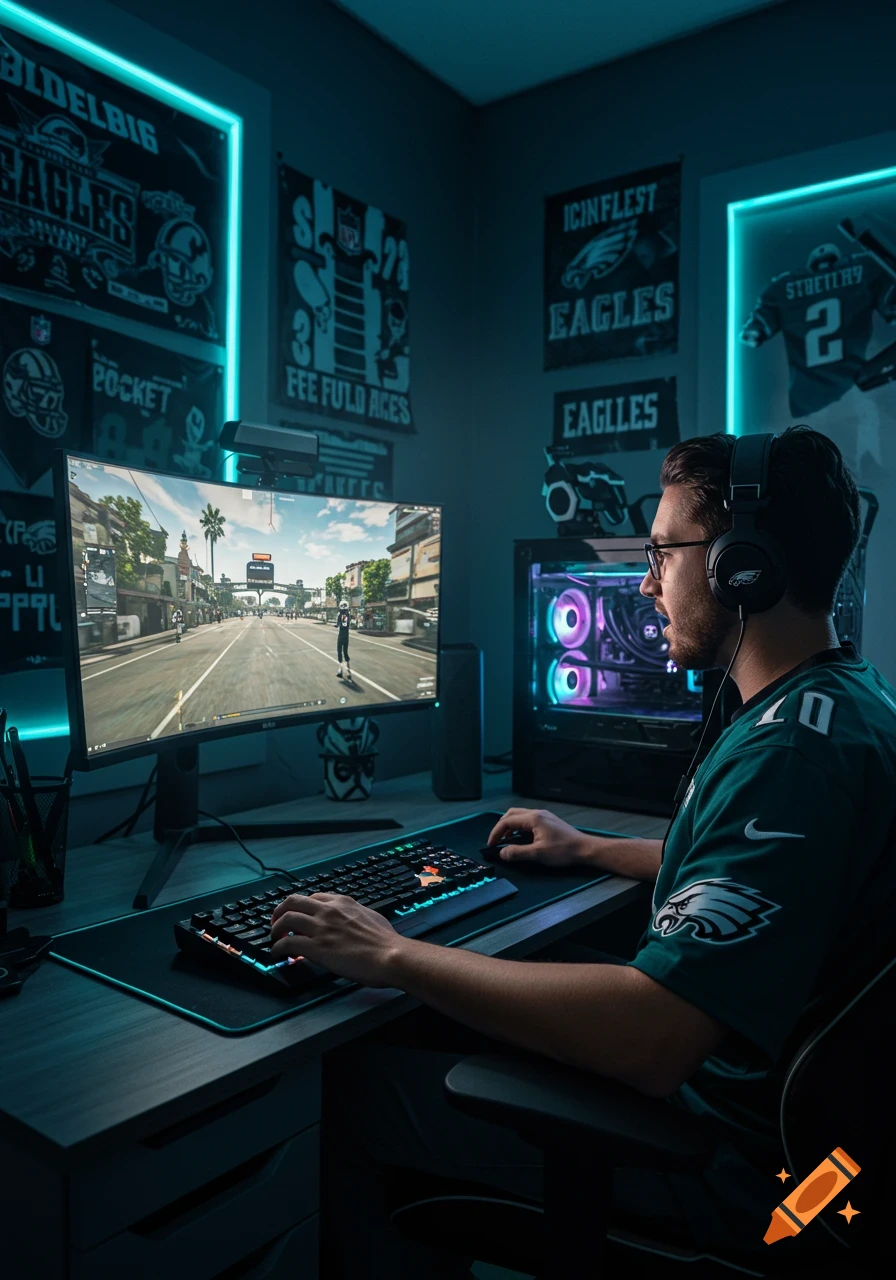 A gamer in a Philadelphia Eagles jersey plays on a PC in a room with sports posters and neon lights.