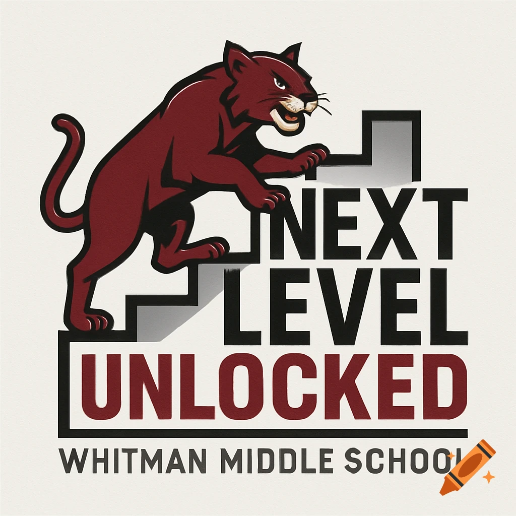 Maroon wildcat mascot climbing stairs with text 'NEXT LEVEL UNLOCKED WHITMAN MIDDLE SCHOOL'