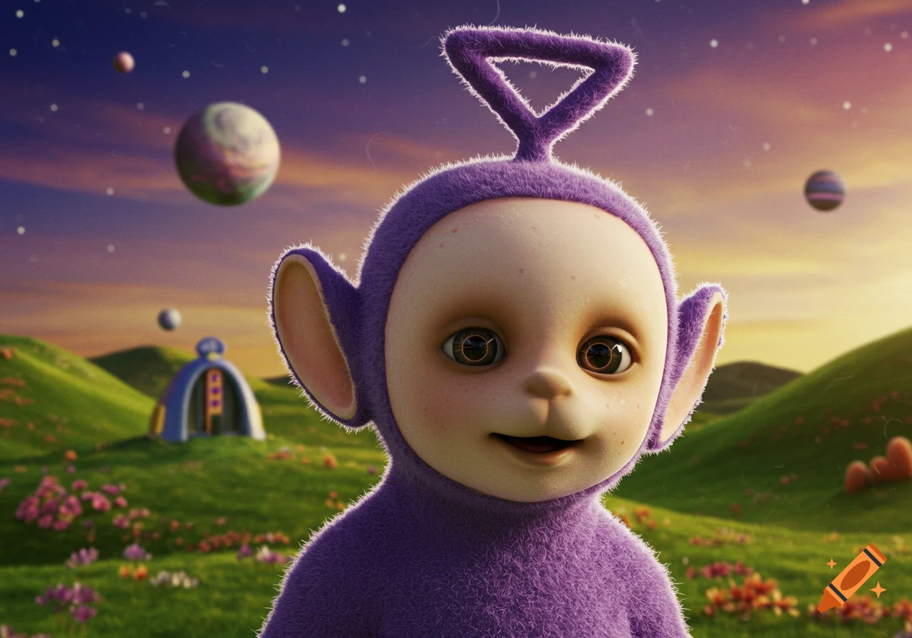 A hyper-realistic purple Teletubby stands in a fantasy landscape with rolling hills, flowers, and planets in the sky.