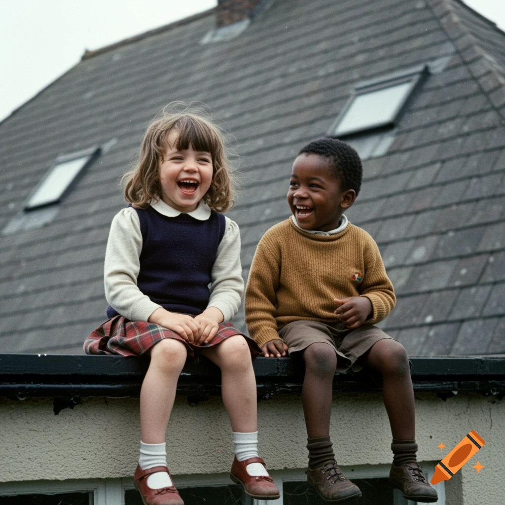 Two children, a girl and a boy, sitting on a roof and laughing, photo.
