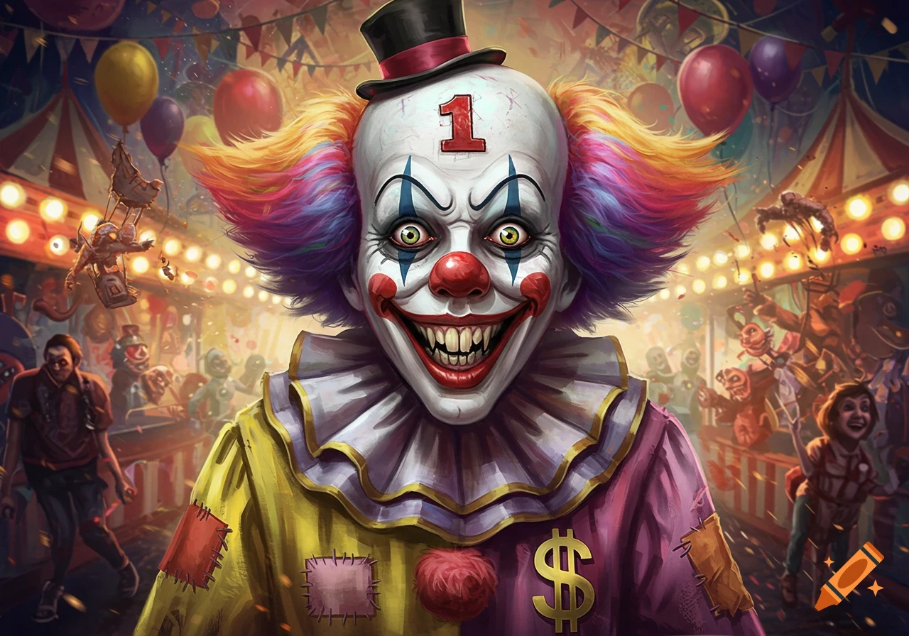 Close-up of a creepy clown with a dollar sign on his chest and the number 1 on his forehead, standing in a chaotic circus tent.