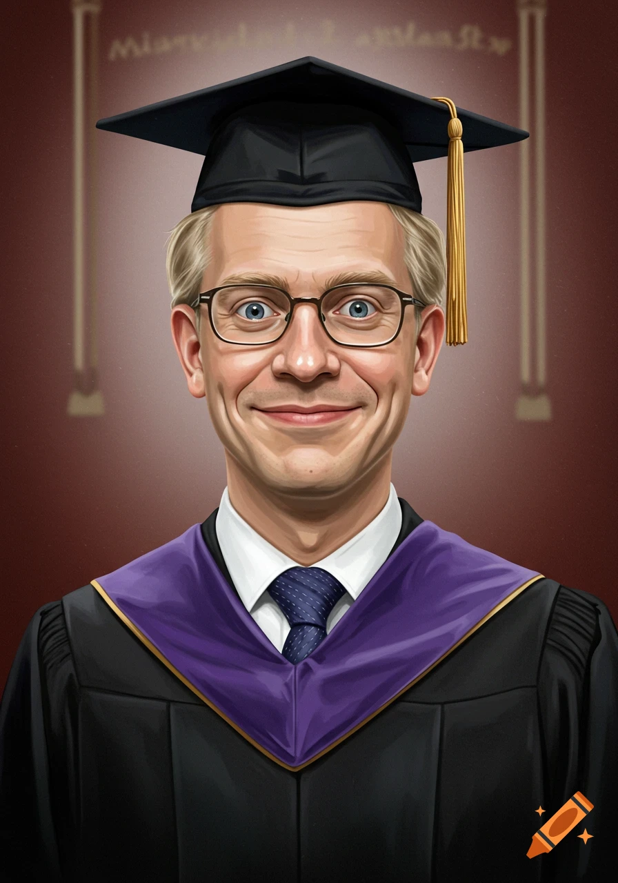 Portrait of a man in graduation cap and gown with a purple stole