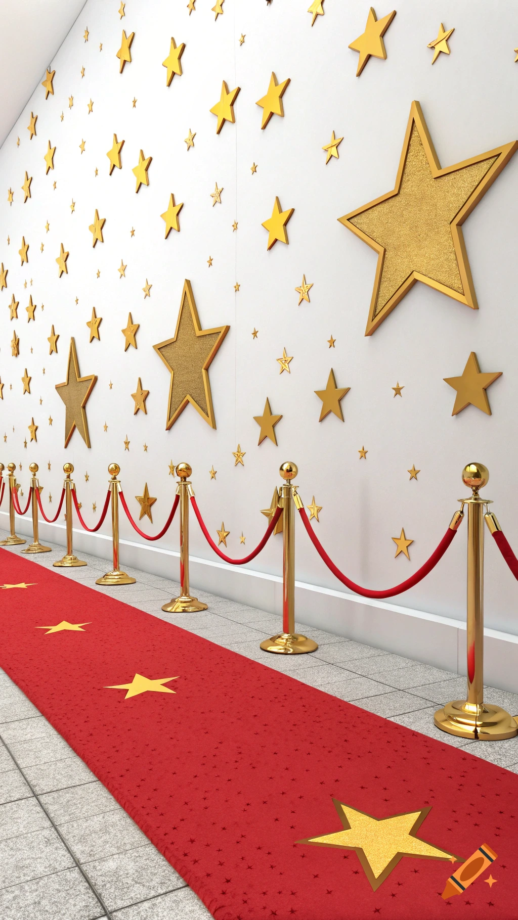 Red carpet with golden stars, golden stanchions, and a white wall covered in golden stars.