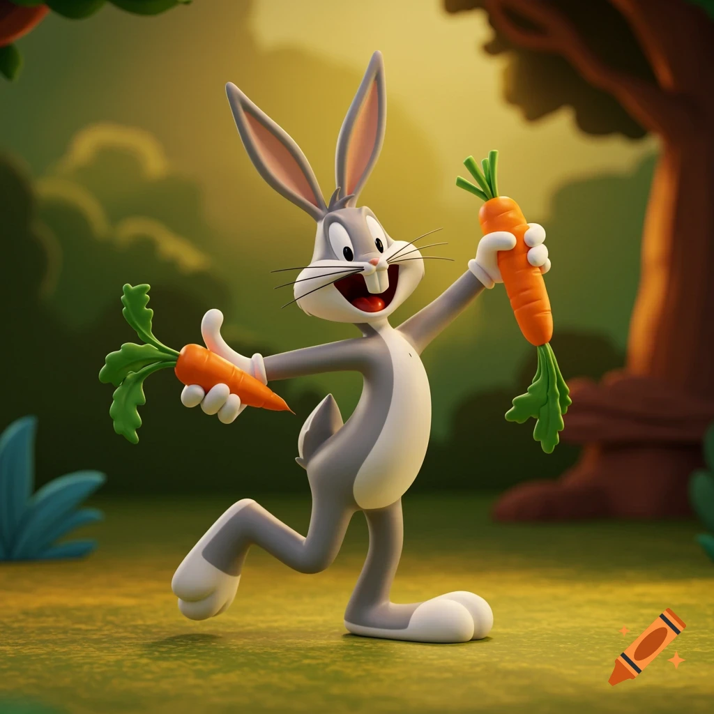 Bugs Bunny in 3D animation style walks through a forest clearing holding two carrots.
