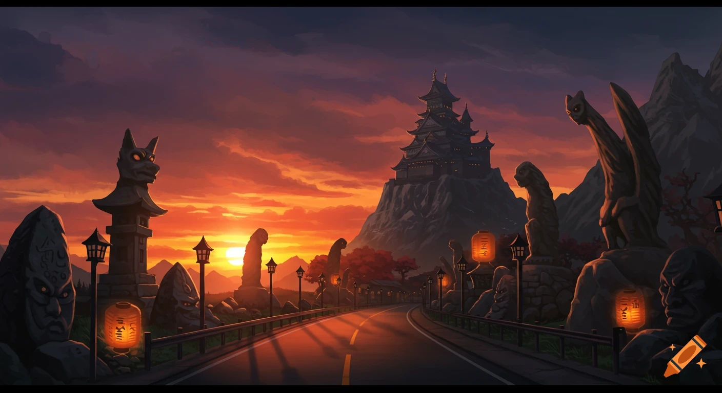 Digital painting of a road leading to a Japanese-style mountain castle at sunset, with statues and lanterns lining the path.