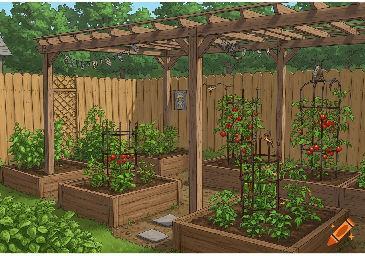 Illustration of a garden with raised beds, tomato plants, pergola, and fence decorated with gothic/fantasy elements.