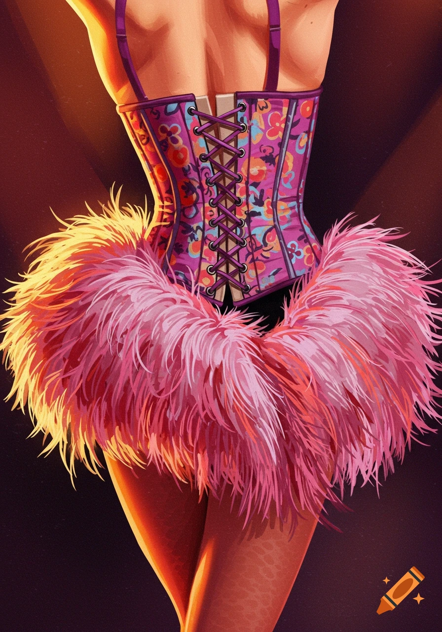 Rear view of person in colorful corset and pink boa, wearing fishnet stockings in dramatic lighting, Rocky Horror style.