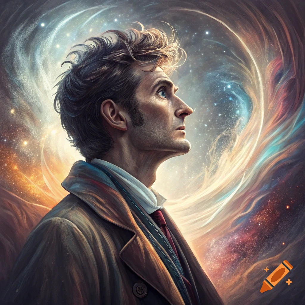 A man resembling the Tenth Doctor looks up at a swirling cosmic vortex.