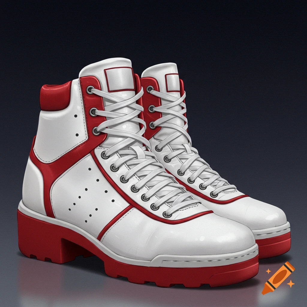 A pair of white boots with red accents and thick soles on a dark background.