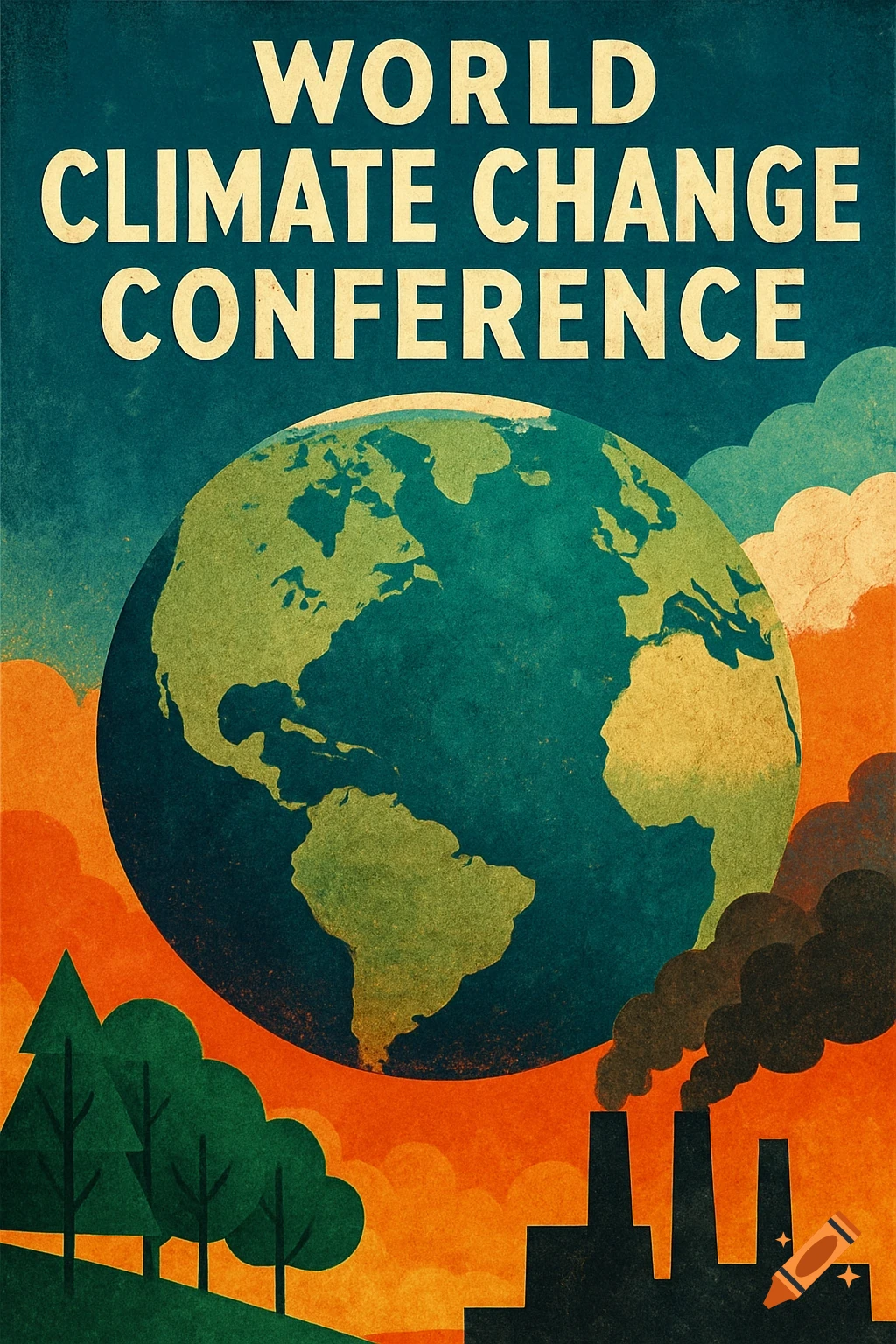 Poster for world climate change conference with Earth, factories, trees, and text.