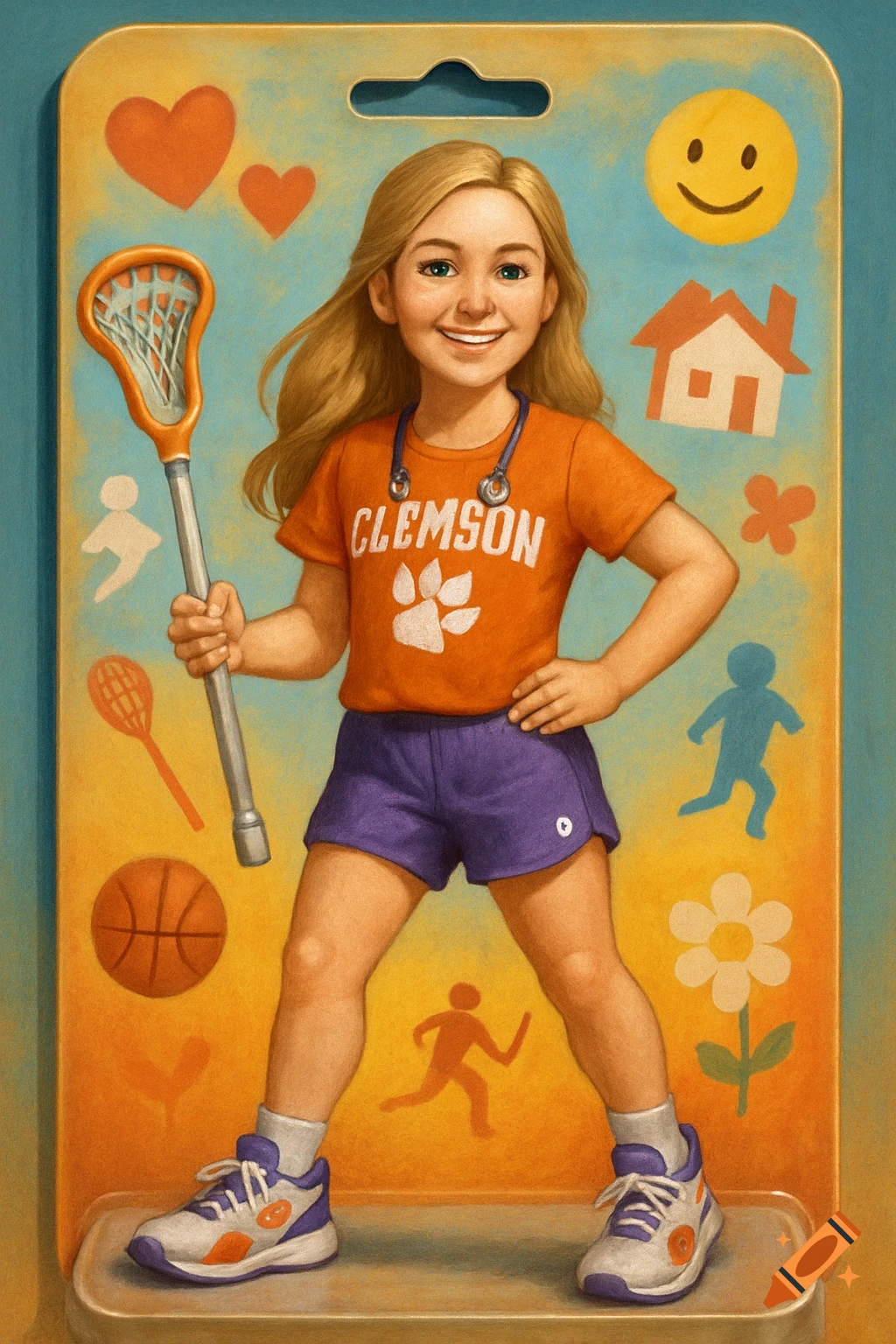 An action figure of a young girl in a Clemson shirt holding a lacrosse stick, with sports and family icons