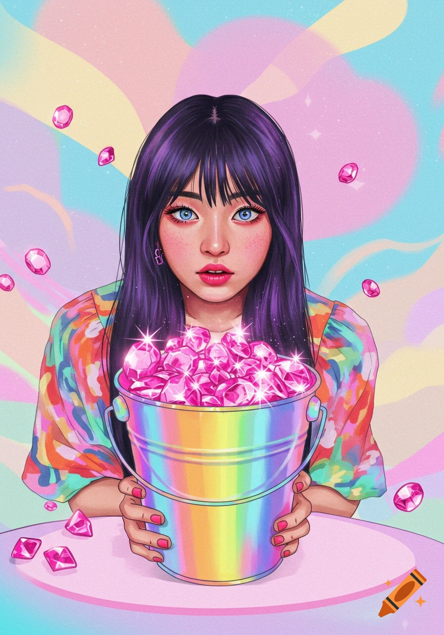 Illustration of a woman holding a bucket full of pink gems in a colorful, pastel setting.