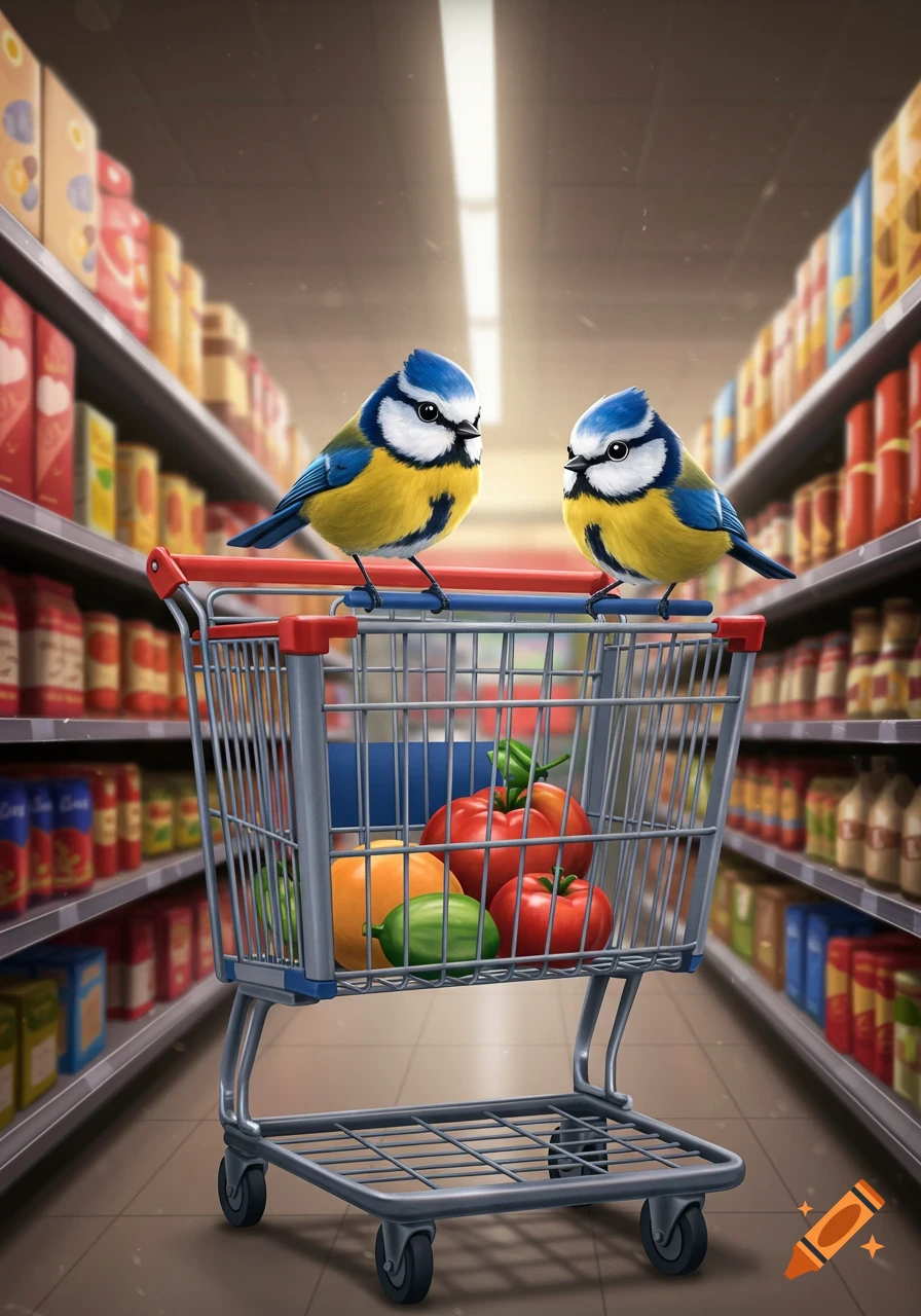 Two blue tits stand in a shopping cart filled with vegetables in a supermarket aisle.
