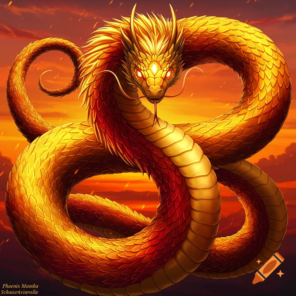 A golden fantasy dragon or serpent coils in a fiery orange and red sky.