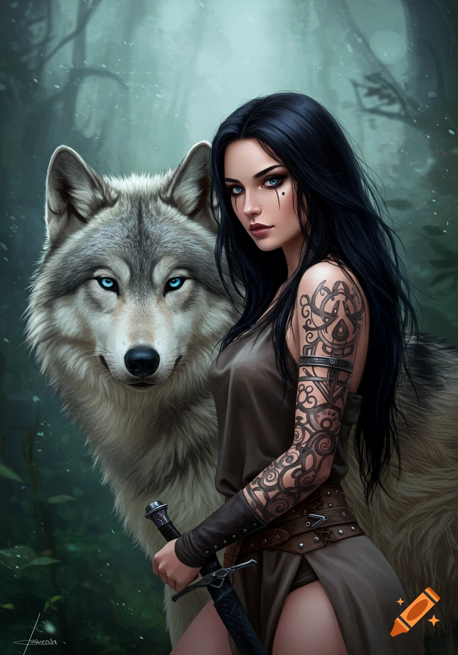 Fantasy illustration of a woman with tattoos and a grey wolf in a forest.