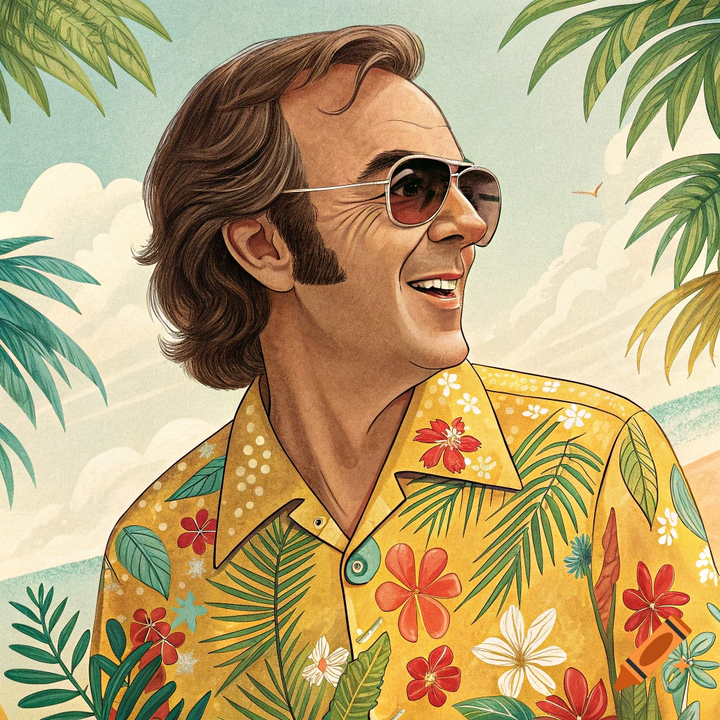 Illustration of a man in a Hawaiian shirt and sunglasses in a tropical setting.