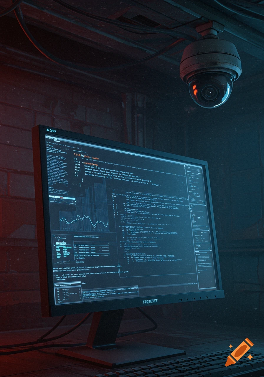 A computer monitor displaying code is monitored by a CCTV camera in a dark room.