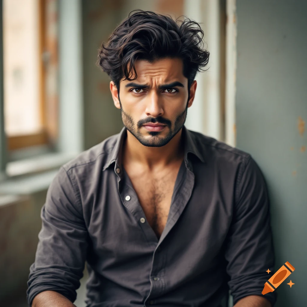 Portrait of a handsome man with dark hair and beard, wearing a dark shirt, looking at the camera with a serious, annoyed expression.