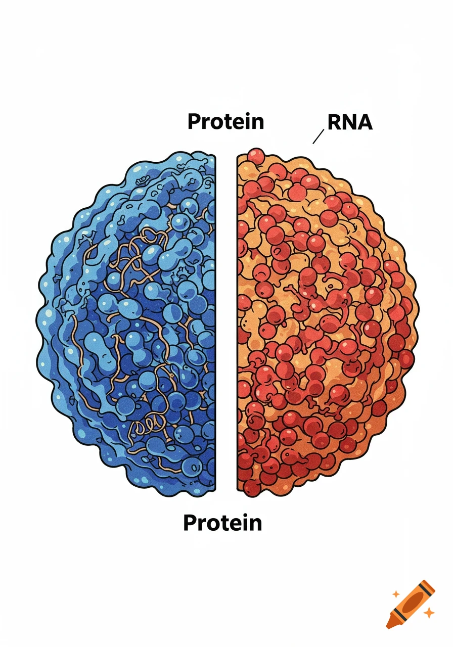 A diagram shows a spherical particle split vertically. The left half is blue and labeled "Protein". The right half is orange and labeled "RNA".