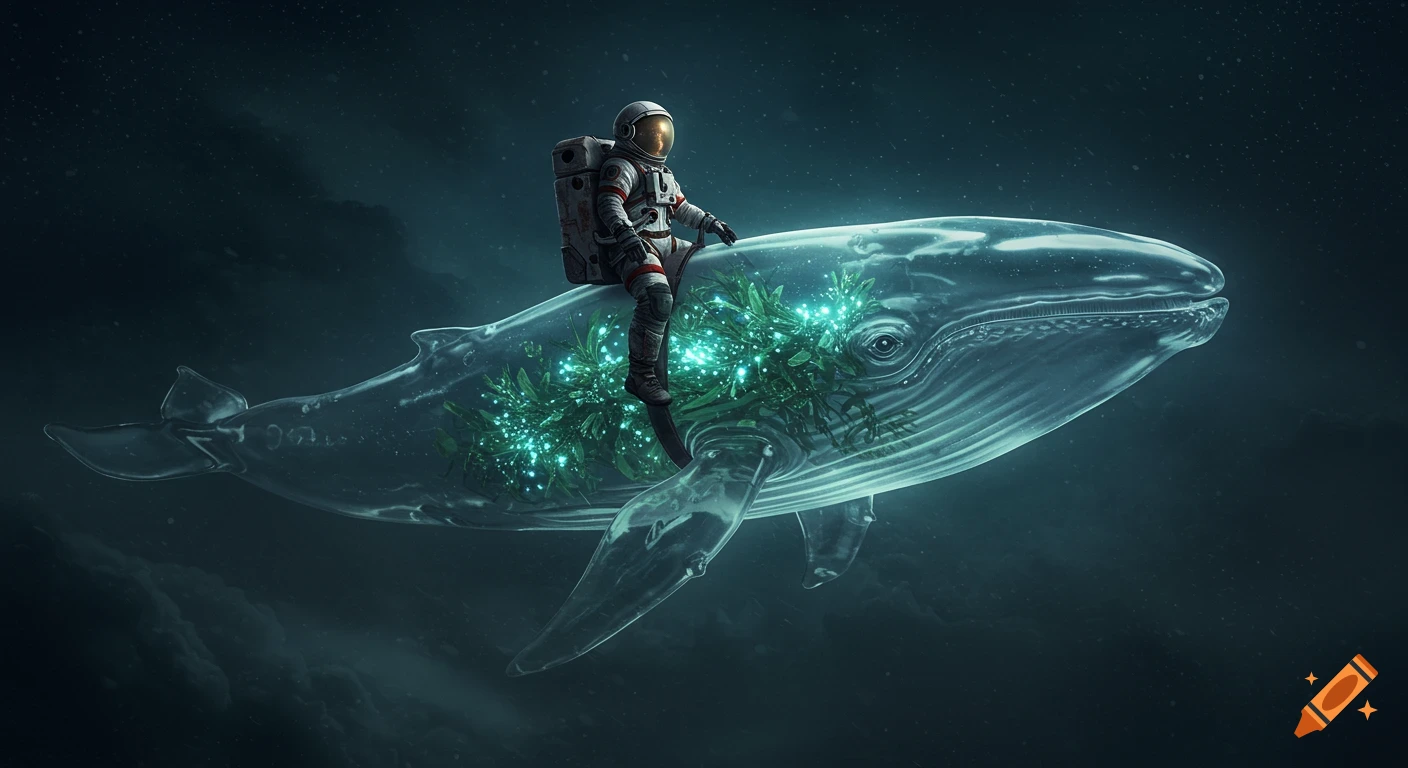 An astronaut rides a giant transparent whale filled with glowing plants in a dark space void.
