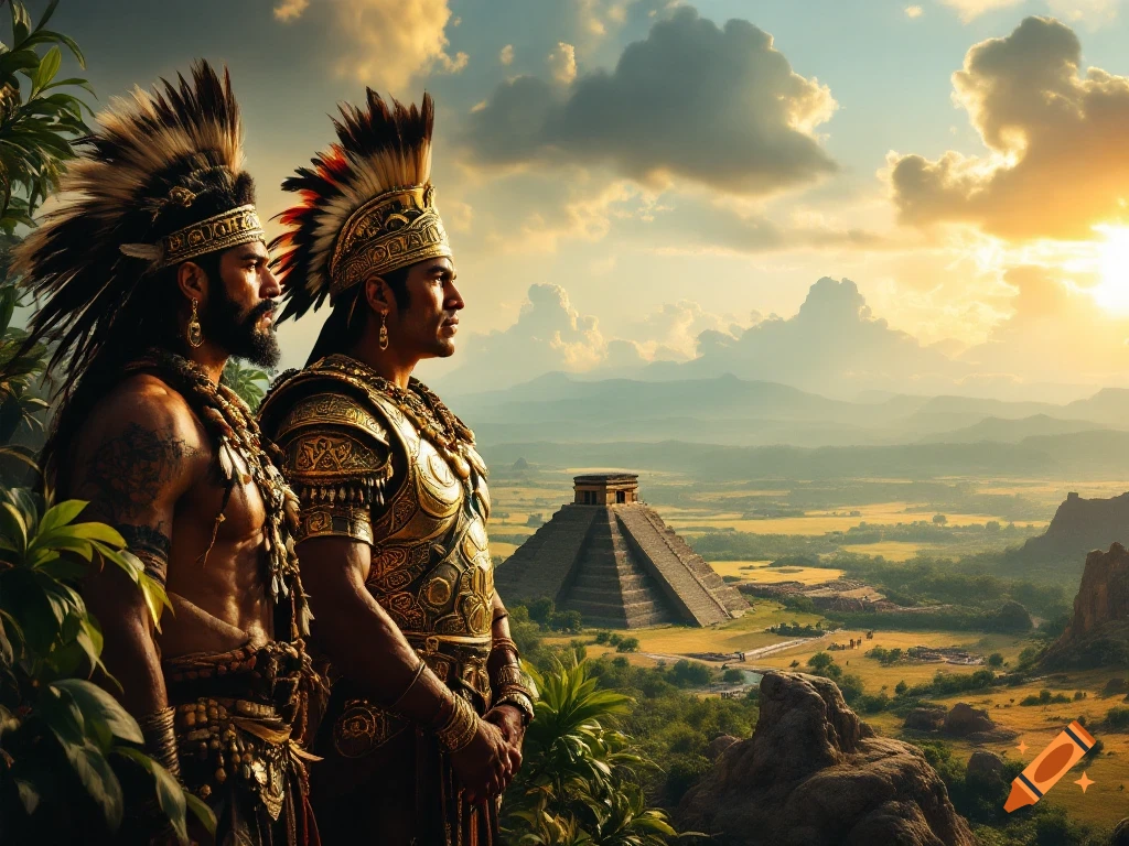 Two ancient warriors in elaborate attire overlook a pyramid and landscape at sunset