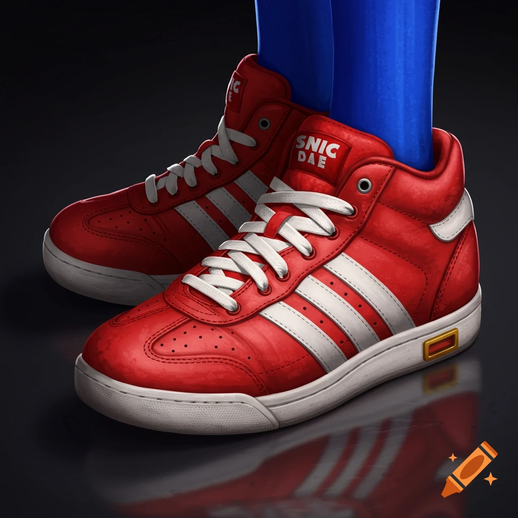 Close-up illustration of red high-top sneakers with white stripes and blue legs against a dark background.