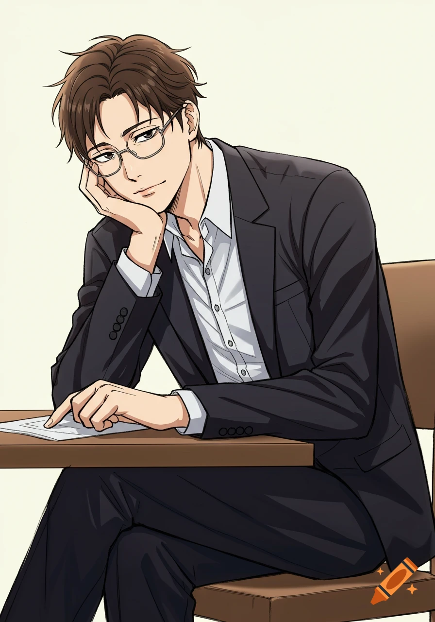 An anime man in a suit sits at a desk, resting his head on his hand and pointing at a paper.