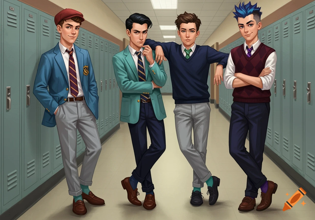 Four teenage boys in preppy school uniforms stand in a hallway illustration.