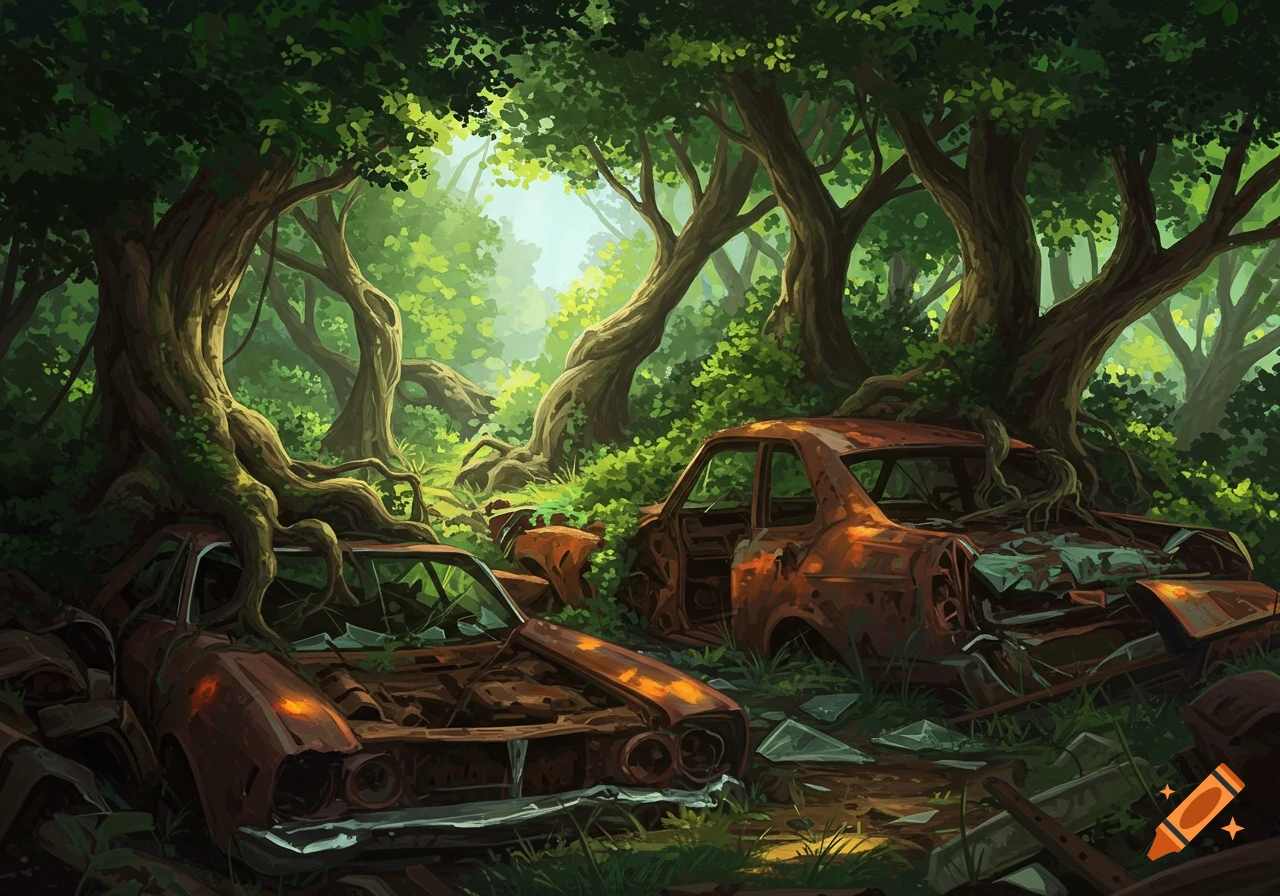 Rusty abandoned cars are overgrown by trees and vines in a lush forest, painted in a detailed, illustrative style.