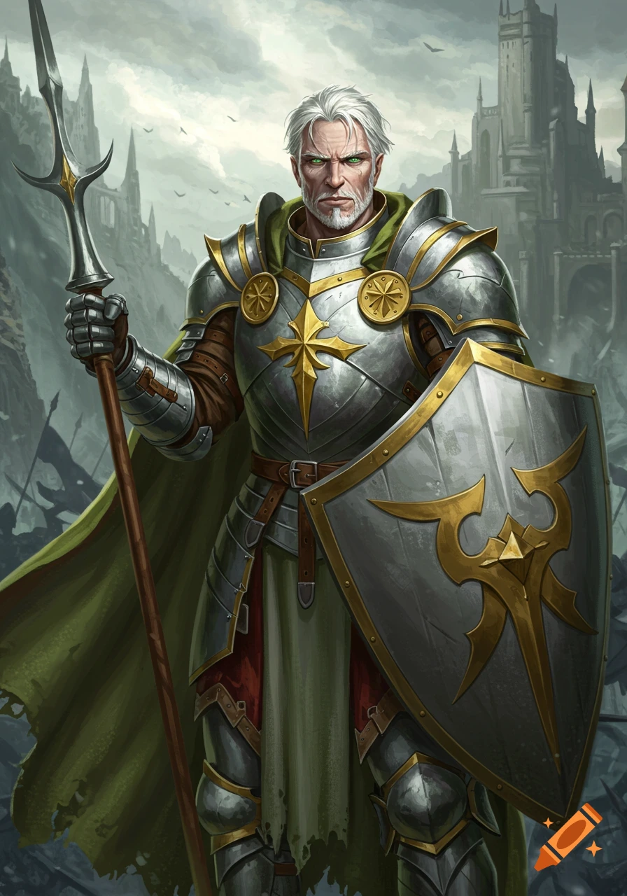 An armored knight with white hair and green eyes stands holding a spear and shield in front of a ruined castle.