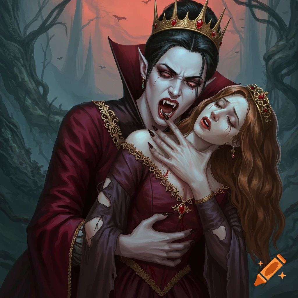A vampire queen bites a princess's neck in a dark forest.