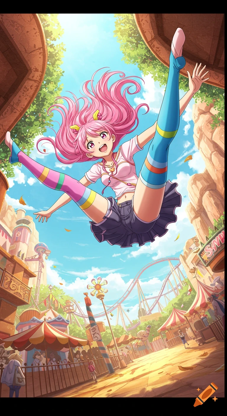 Anime girl with pink hair jumping upside down over a theme park with rides and stalls.