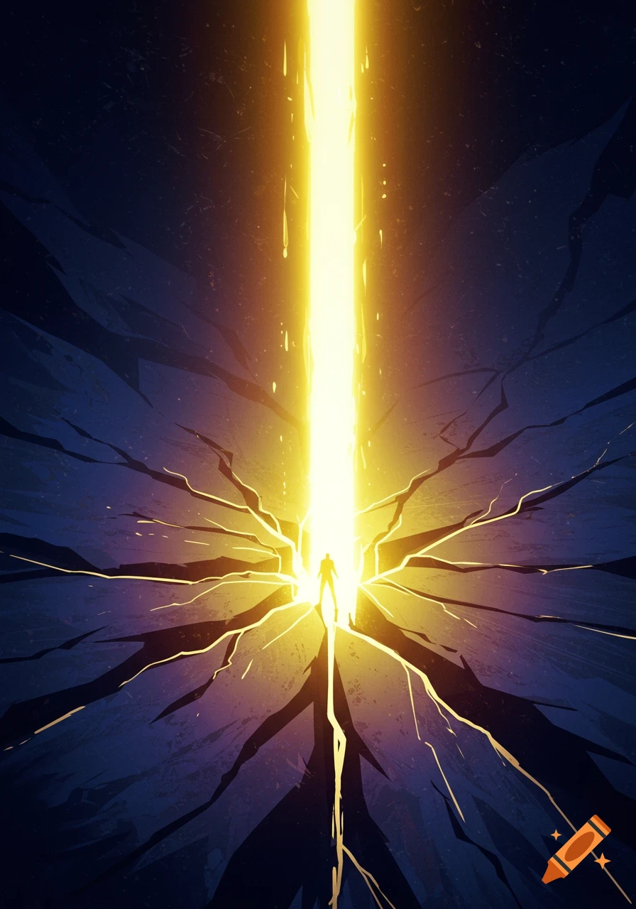 A silhouette of a person standing under a bright beam of light erupting from cracked ground.