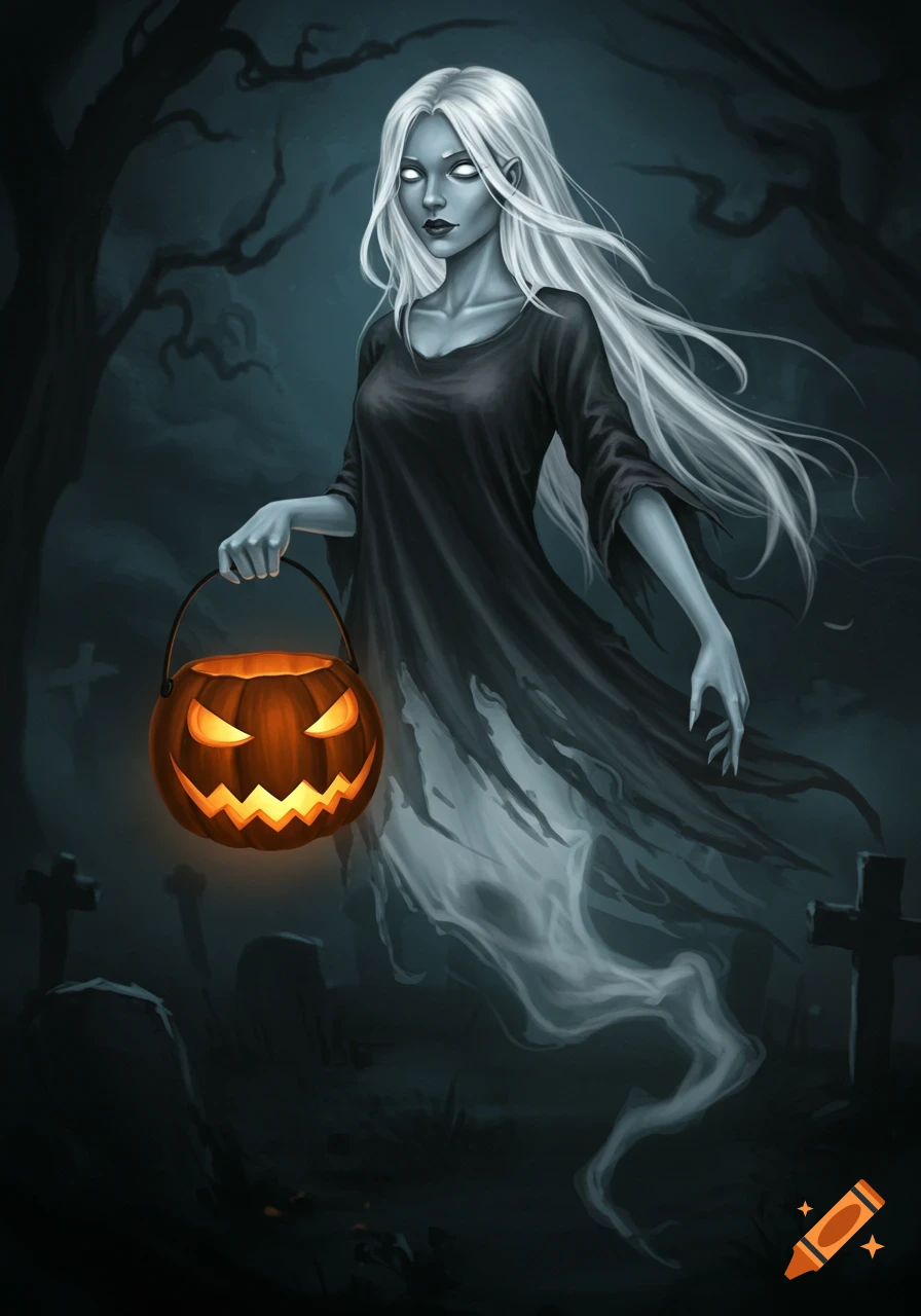 A female ghost with white hair holds a glowing jack-o'-lantern pail in a dark graveyard.