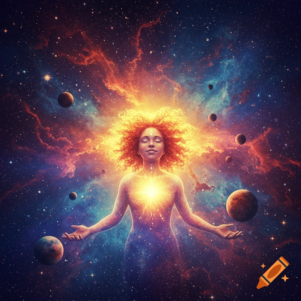 A person with fiery hair stands in space surrounded by planets and nebulae, glowing brightly.