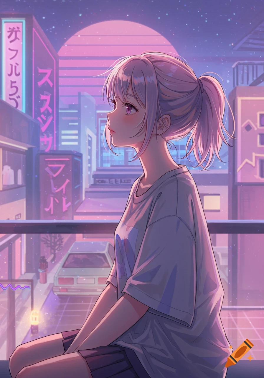 Anime girl looking at neon city lights at sunset in vaporwave style.