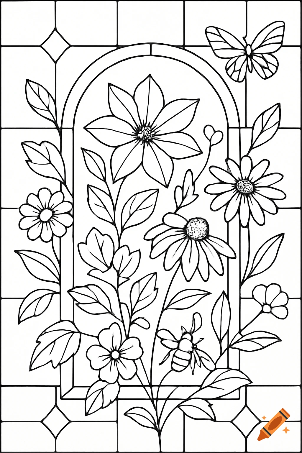 Black and white line art of flowers, a bee, and a butterfly in a stained glass window frame.