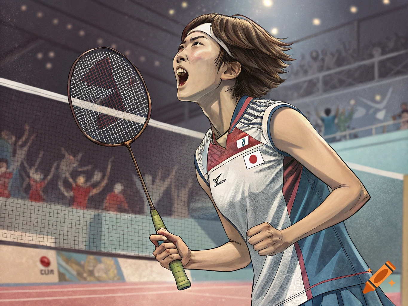 Drawing of a female badminton player shouting on court