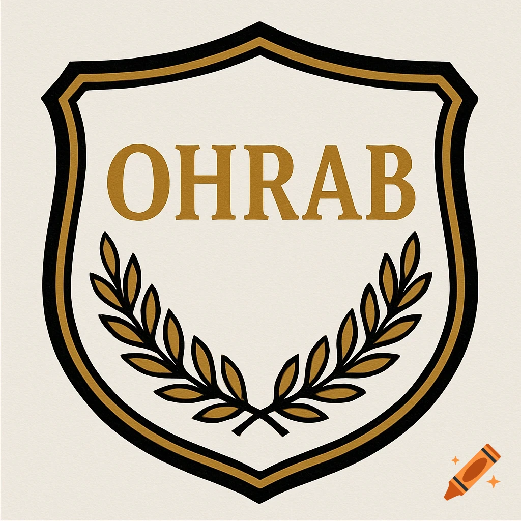 A white shield badge outlined in black and gold, with the word OHRAB in gold and a gold laurel wreath below.