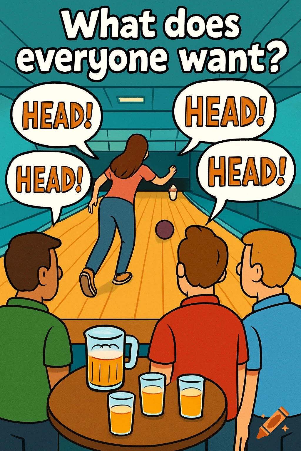 Cartoon of a woman bowling while men watch. Text bubbles say 'HEAD!' above the men. Headline 'What does everyone want?'