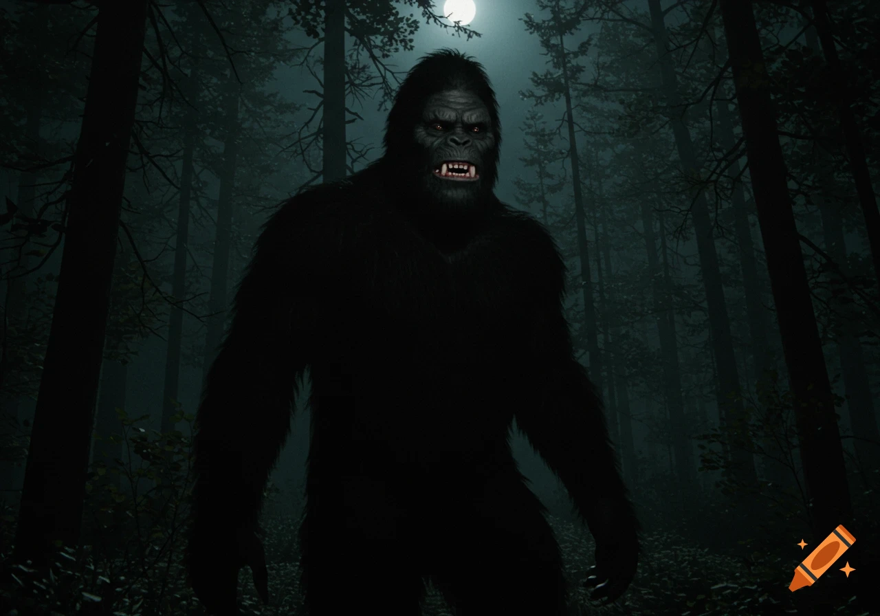 Photorealistic Bigfoot silhouetted in a dark, spooky forest at night.