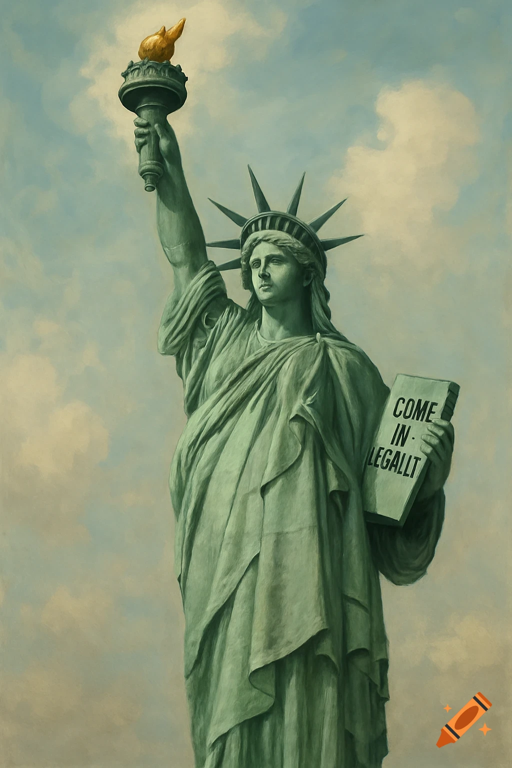 Statue of Liberty illustration holding a tablet with text.