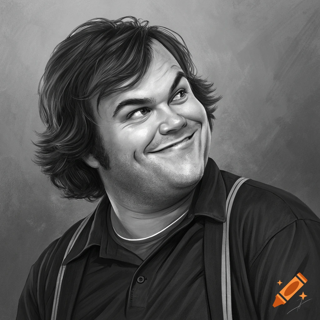 Black and white caricature of Jack Black smiling