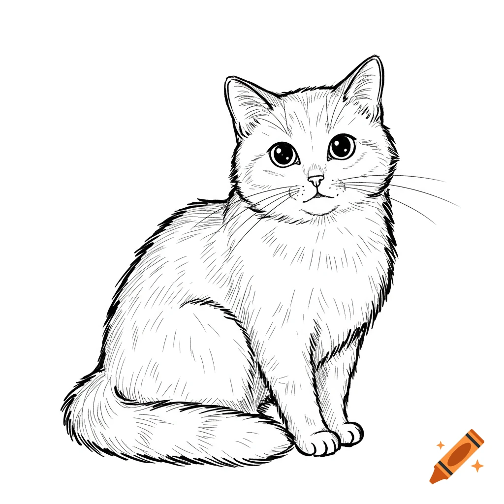 A line drawing of a sitting cat with large eyes.