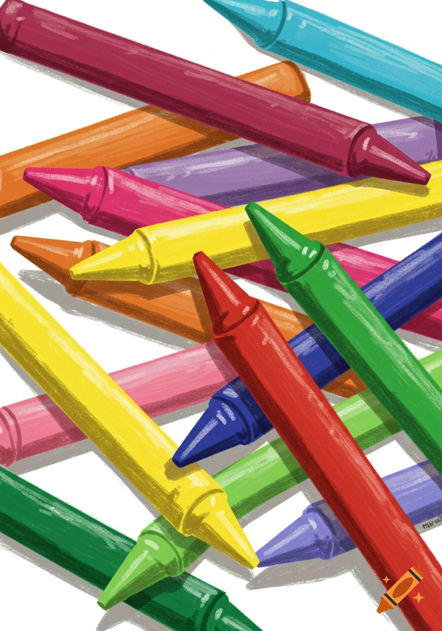 Close-up illustration of many colorful crayons