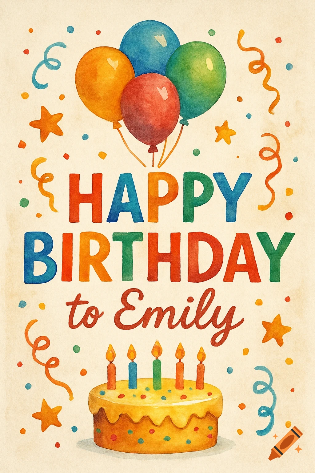 Watercolor illustration of a happy birthday card with balloons, cake, and text 'HAPPY BIRTHDAY to Emily'