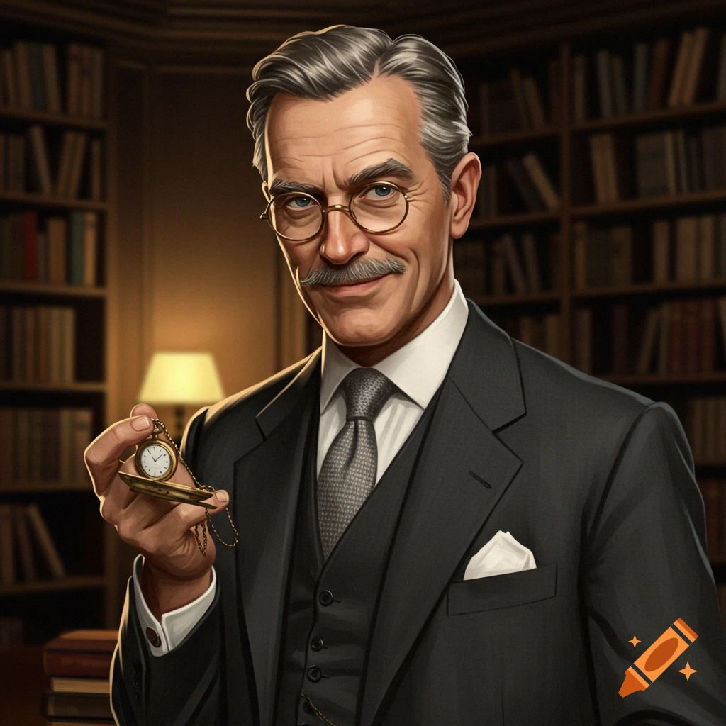 A sophisticated man in a suit holds a pocket watch in a library.