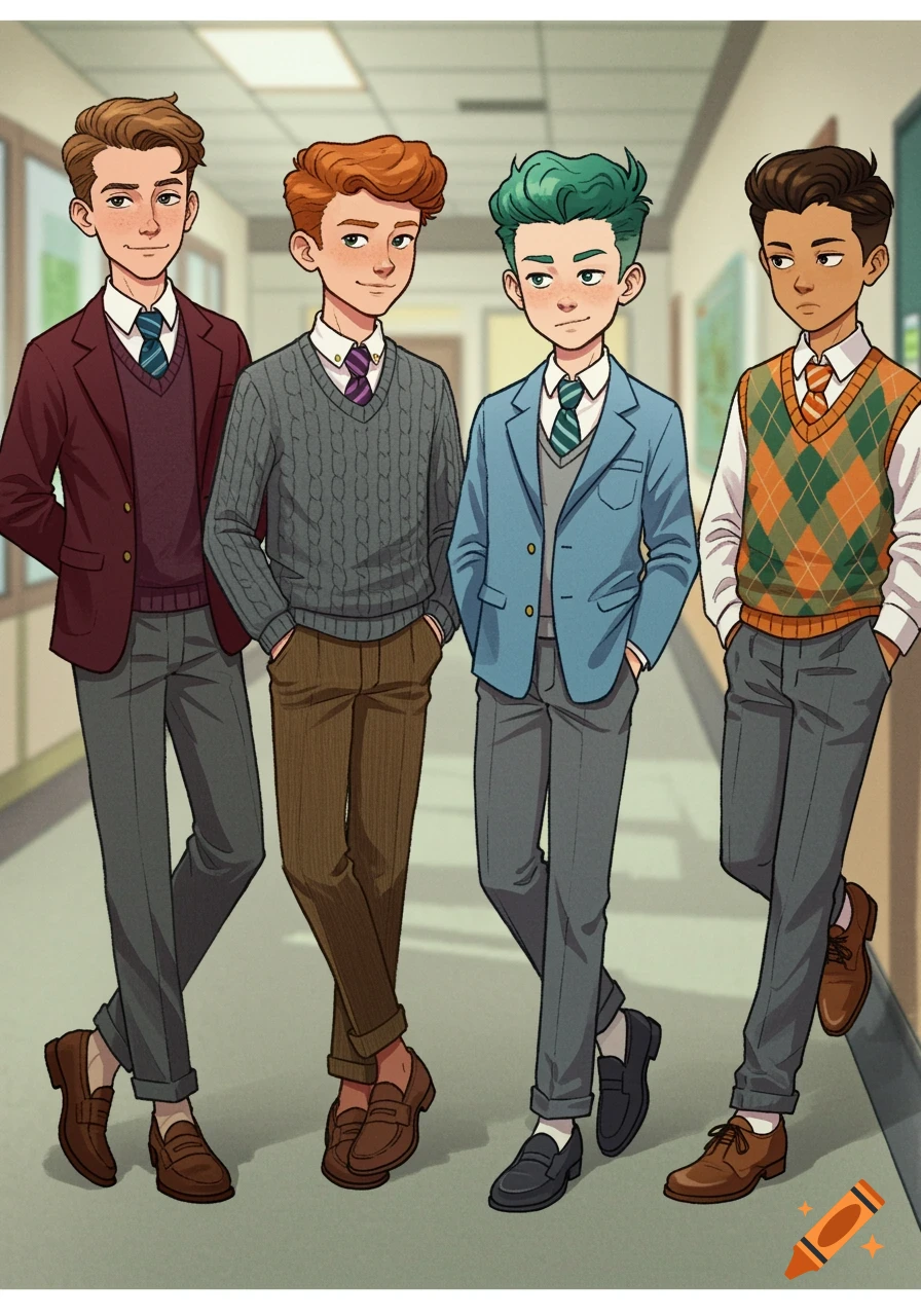 Four anime-style teenage boys stand in a school hallway.