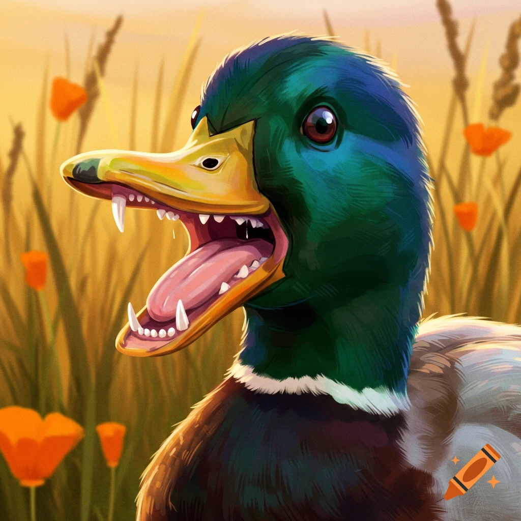 Close-up stylized digital illustration of an angry mallard duck with sharp teeth in a field.