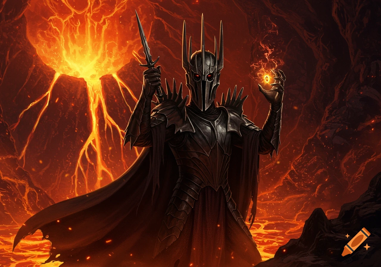 Armored Sauron holding a dagger and glowing ring in a volcanic landscape.